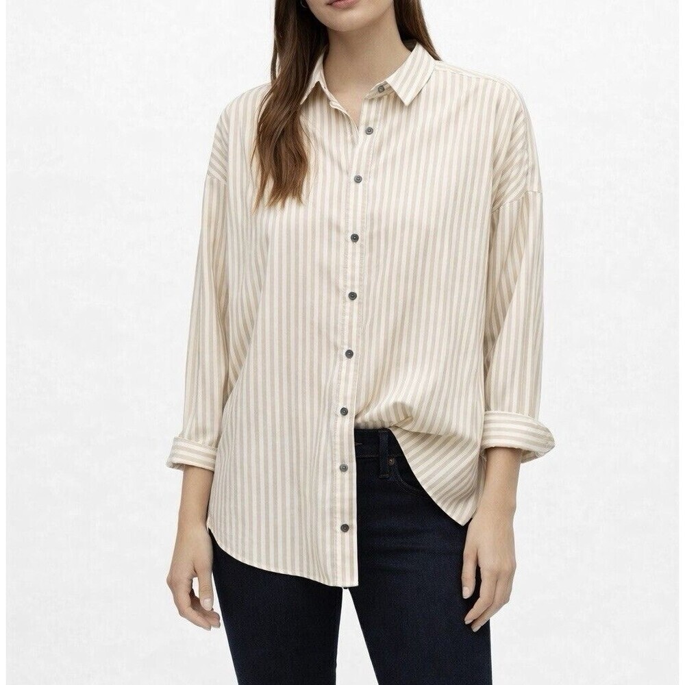 Mother Oxford Signature Striped Button Up Shirt Beige White Fit Size 4 (XL)